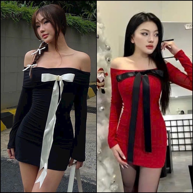 Đầm body trễ bẹt vai nữ dài tay mặc noel tết HP FASHIONTREND váy nữ hở vai dây nơ màu đỏ tôn dáng sang chảnh xinh G653
