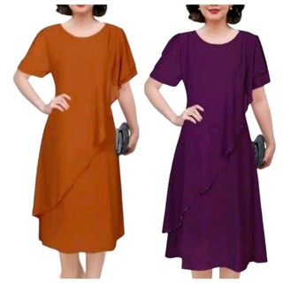 Đầm trung niên đi tiệc suông voan 2 lớp che bụng, Đầm suông voan cườm vai 2 lớp giấu bụng