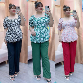Mới về(sét áo hoa tay phồng kèm quần ống suông siêu hách dáng chất lụa mịn mát bigsize nữ 65-90kg
