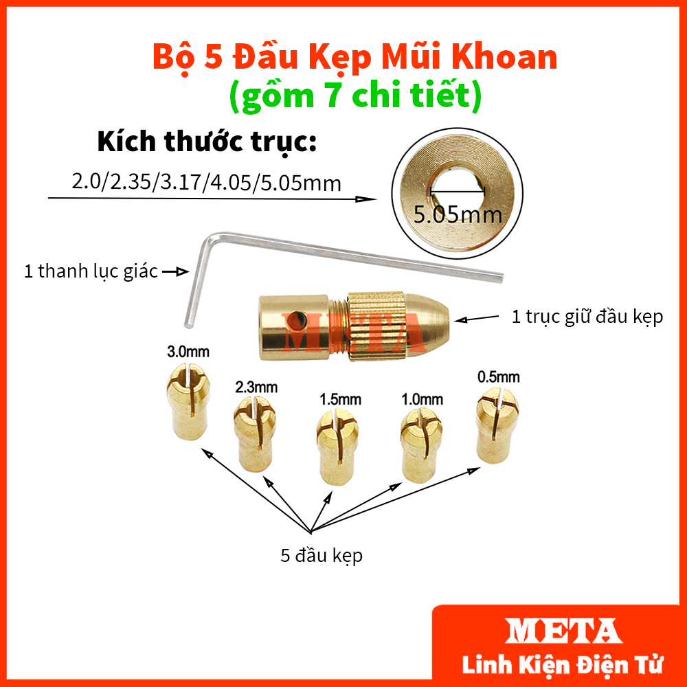Bộ 5 đầu kẹp mũi khoan mini gồm 7 chi tiết từ 0.5 đến 3mm bằng đồng, dùng cho motor 180, 380, 550, 775