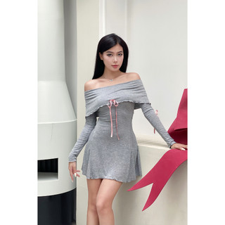 Đầm thun bẹt vai tay dài tùng A phối nơ hồng chất thun cotton lụa trơn-Feliza clothing