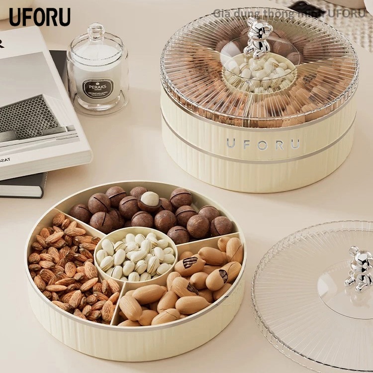 Khay đựng bánh kẹo hạt mứt ngày Tết bằng nhựa có nắp đậy trong suốt, thân kem xanh cao cấp