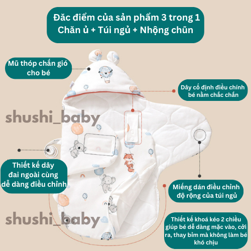 Chăn Ủ Chần Bông Cho Bé Sơ Sinh, Ủ Kén Cho Bé Mùa Đông Quấn Chũn Nhộng Chũn Sơ Sinh Chống Giật Mình Shushi_baby