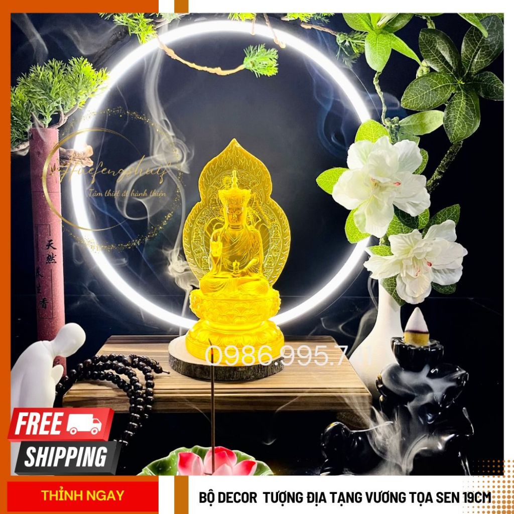 Bộ trang trí tôn tượng Địa Tạng Vương 18cm-bộ đèn 30cm đi đủ phụ kiện, tượng địa tạng vương