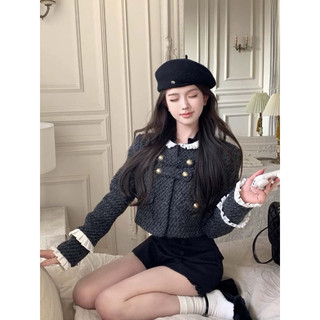 𝐂𝐇𝐄𝐑𝐑𝐘: set áo dạ tweed xám khuy đồng mix sooc dạ