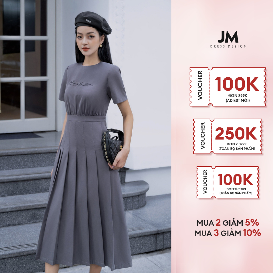 Đầm thiết kế JM Dress Design thêu cổ tròn nhún eo xếp ly chân 1F30.2309PL