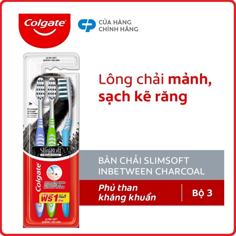 Bộ 3 Bàn chải Colgate Slimsoft lông chải mềm mảnh xen sợi phủ than hoạt tính