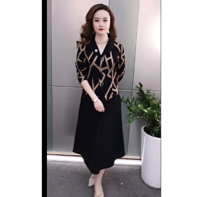 Áo Kiểu Trung Niên Tay Dài Co Giãn Phối Chân Váy Đen, Set Đầm Váy Cho Mẹ Dự Tiệc Sang Trọng SET02