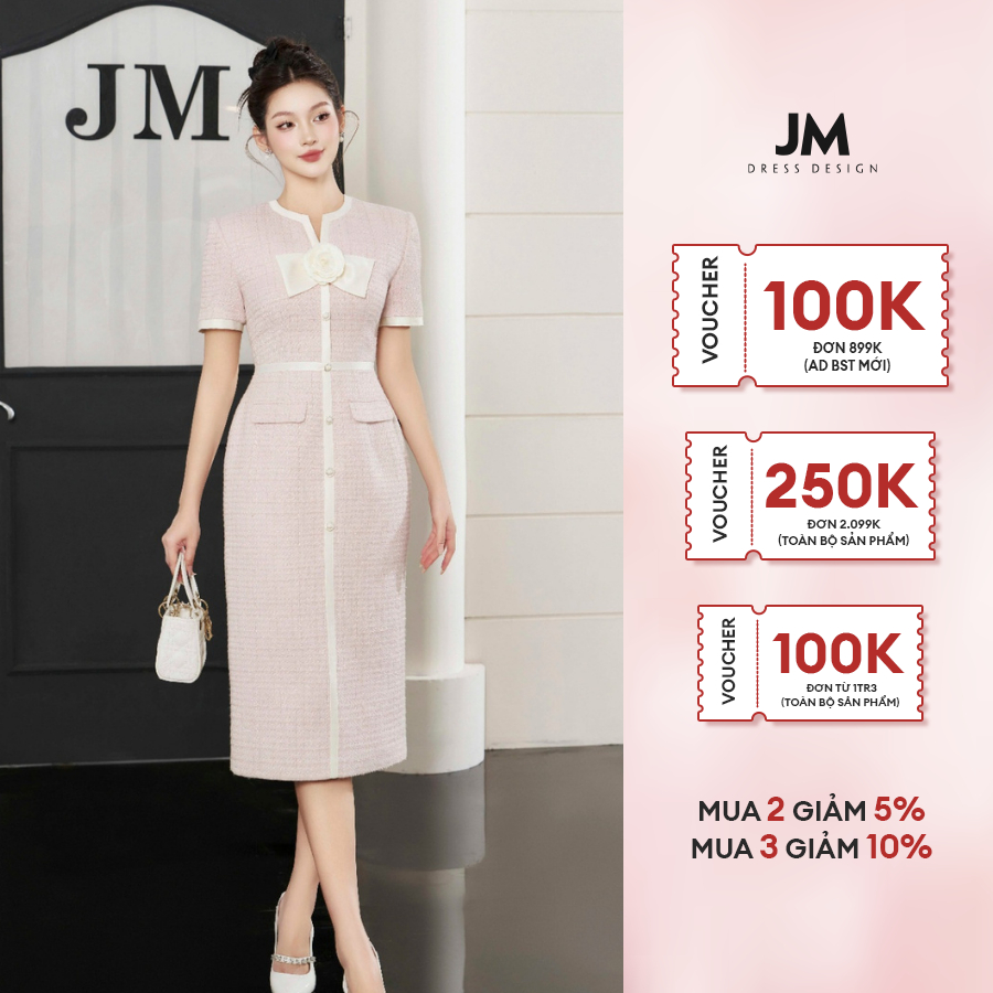 Đầm thiết kế JM Dress Design Tweed ôm dài hoa nơ 1F41.2310TW