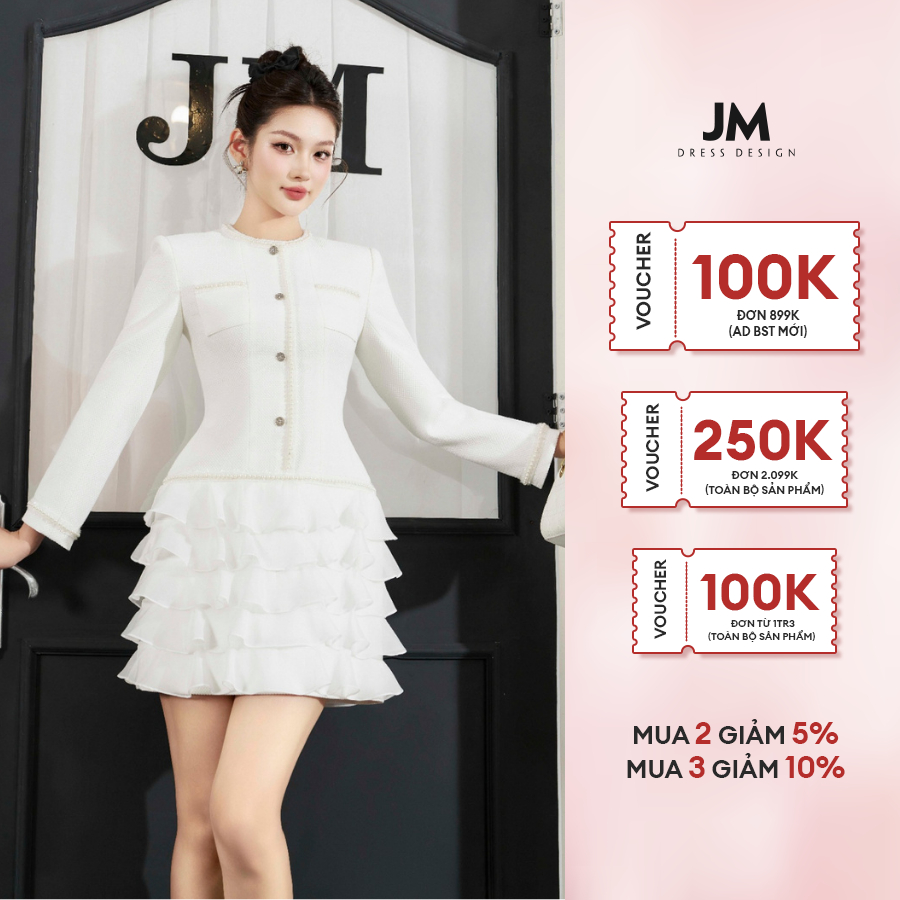 Đầm tweed thiết kế JM Dress Design hai túi ốp, chân phối bèo tầng 1F45.2310TW