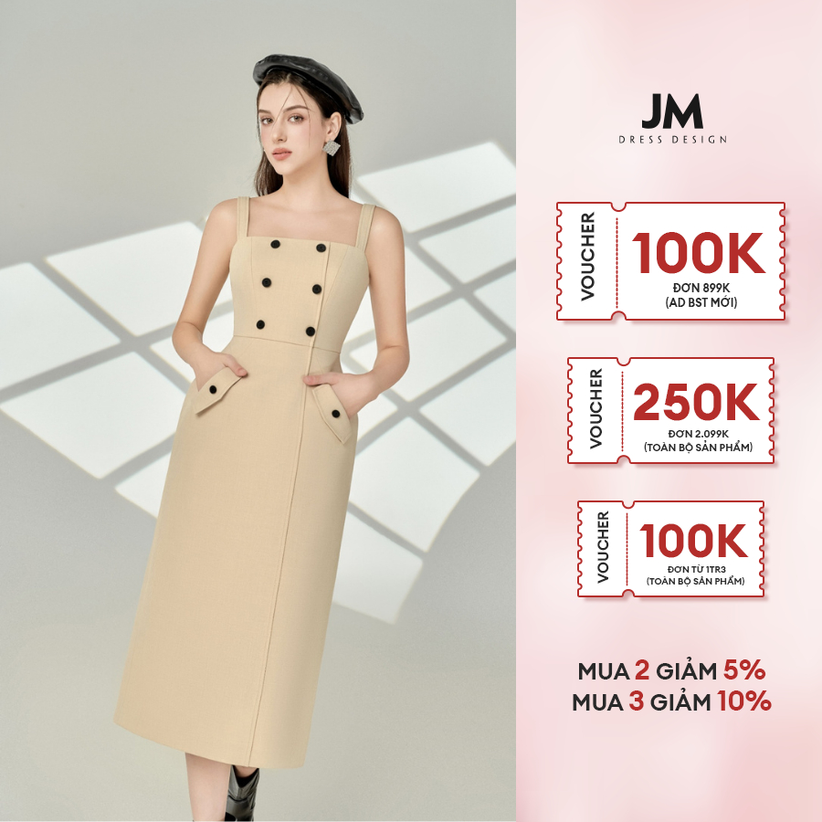 Đầm hai dây thiết kế JM Dress Design hai hàng cúc, thắt đai rời 1F46.2310K