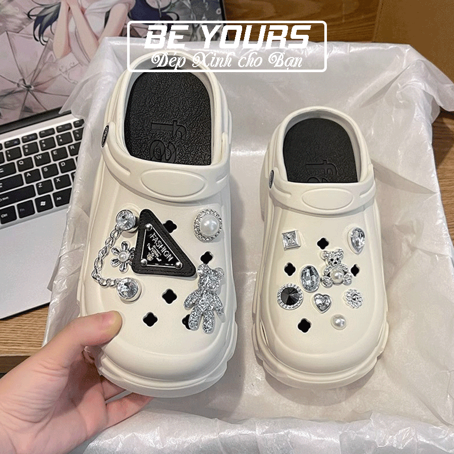 Dép cross nữ 3TDEP, dép sục độn đế 7cm tặng kèm sticker ngọc Bearbrick