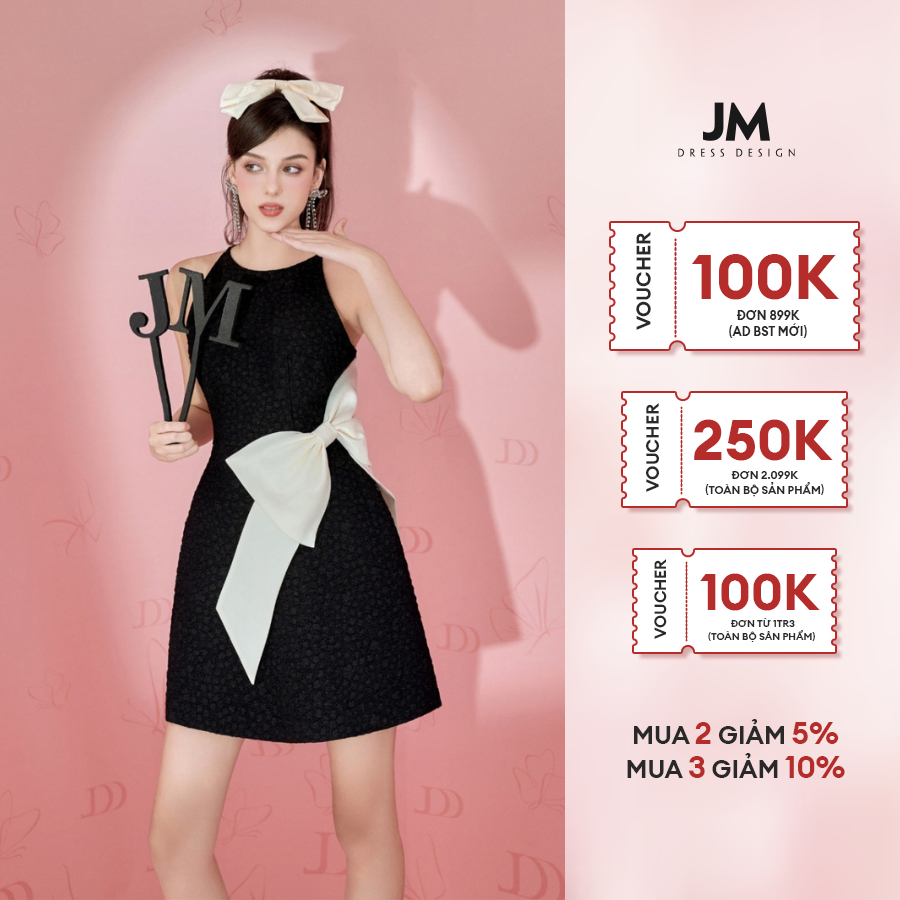 Đầm thiết kế JM Dress Design cổ yếm gắn nơ vai, xếp ly 1P28.2311WF