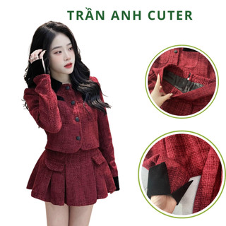 Set dạ tweed nữ sang chảnh set dạ tweed phối nhung cổ sơ mi kèm chân váy xếp ly cao cấp
