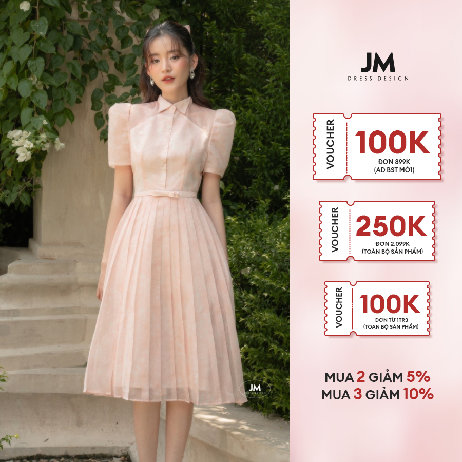 JM Dress Desgin - Đầm Pattern cổ nhọn, tay bồng, chân xếp ly 1R10.2305OG