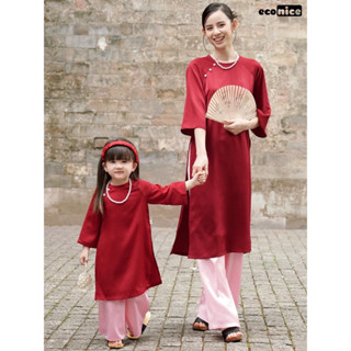  Set áo dài lụa đỏ cổ tròn đính cúc cho mẹ và bé 
