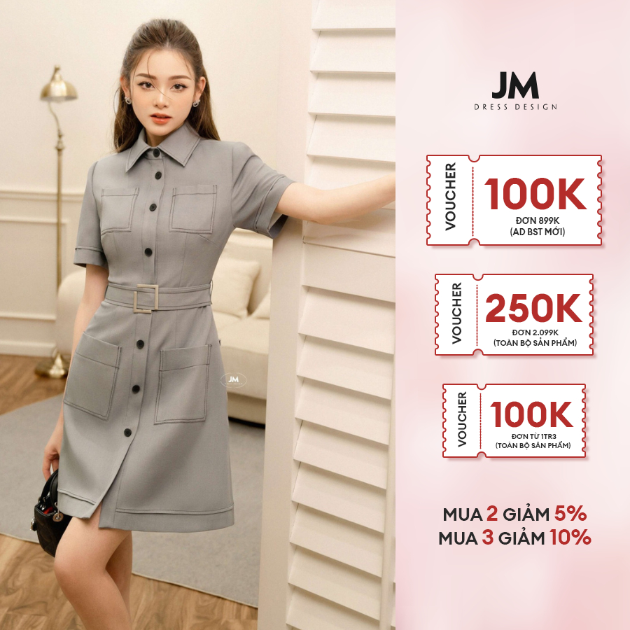 JM Dress Desgin - Đầm cổ đức, 4 túi ốp vuông, thắt đai eo 1S81.2305KK