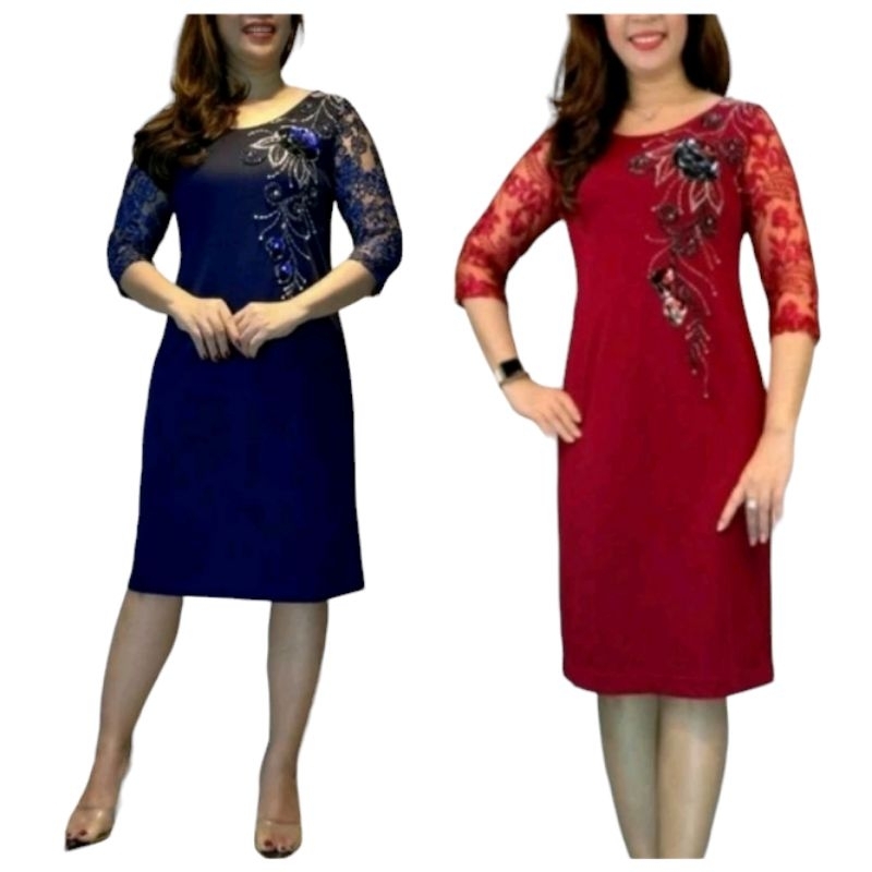 Đầm dự tiệc trung niên tay ren kết đá sang trọng cho mẹ, Đầm trung niên dự tiệc thun ôm phối ren cao cấp