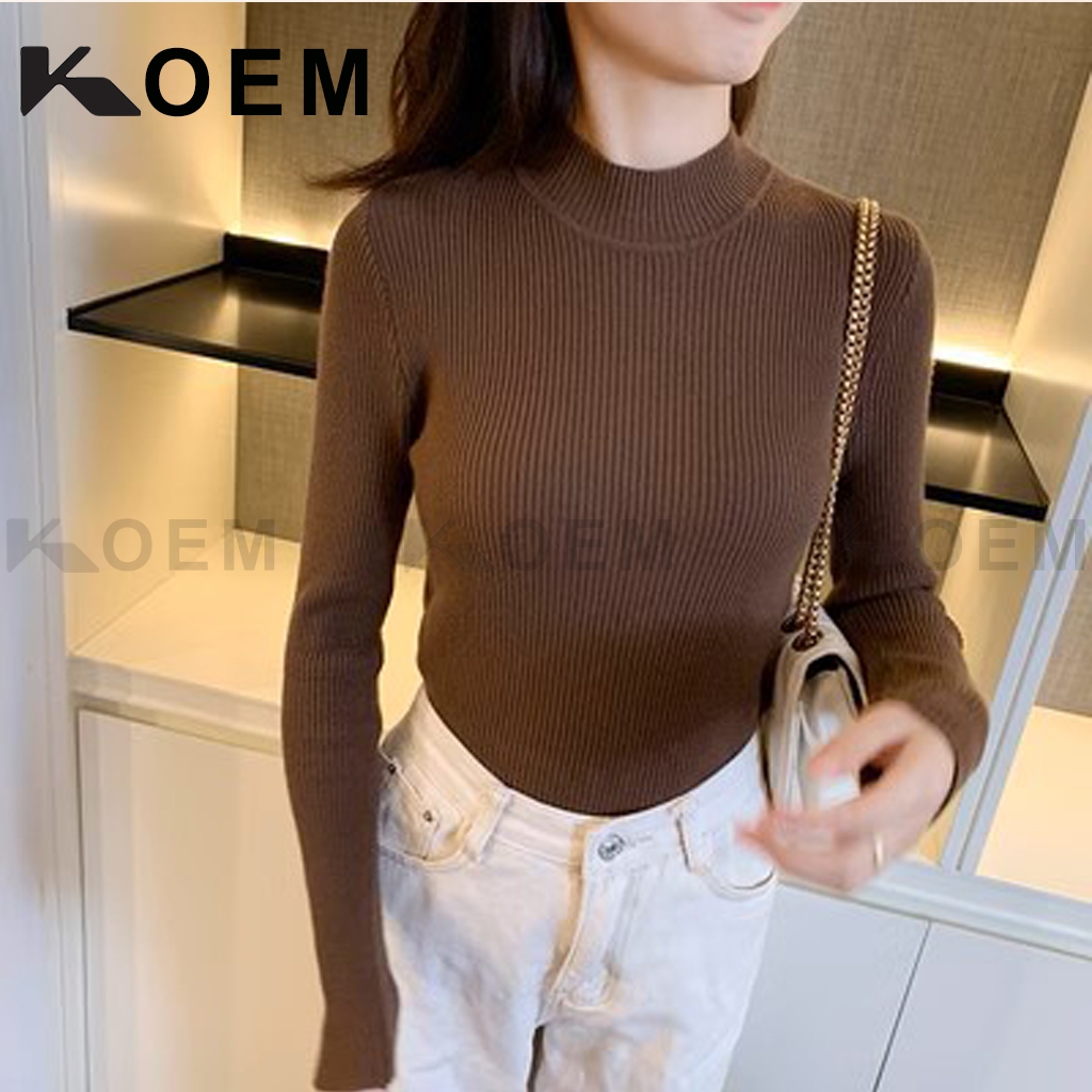 Áo Len Nữ vải tăm giữ nhiệt KOEM cổ 3 phân dài tay form ôm dáng Quảng Châu KO03