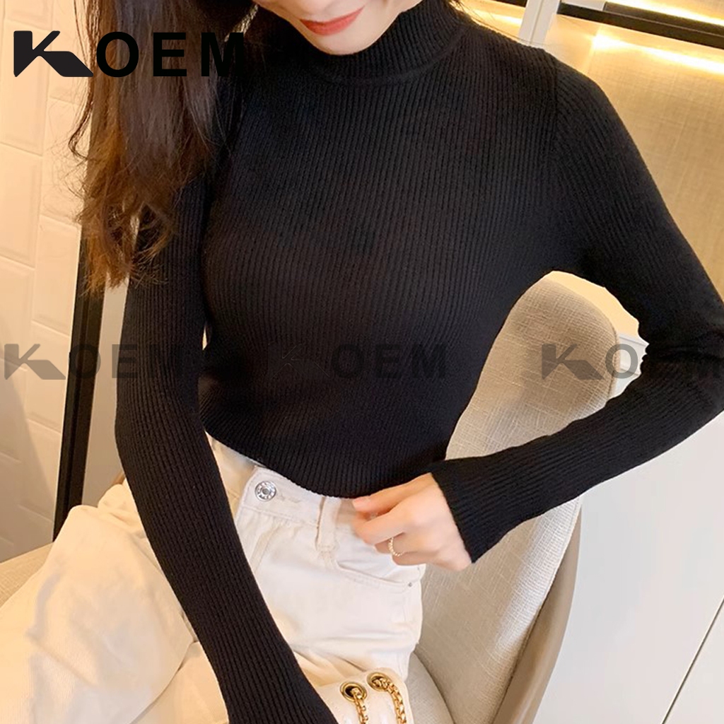Áo Len Nữ vải tăm giữ nhiệt KOEM cổ 3 phân dài tay form ôm dáng Quảng Châu KO03