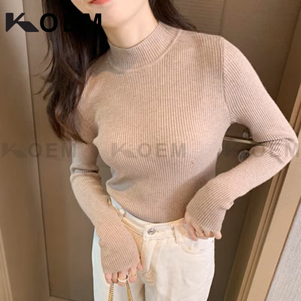 Áo Len Nữ vải tăm giữ nhiệt KOEM cổ 3 phân dài tay form ôm dáng Quảng Châu KO03