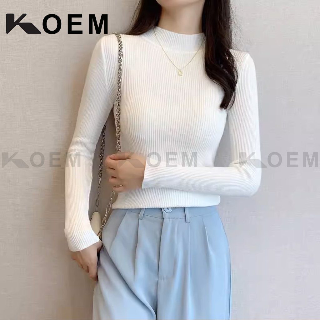 Áo Len Nữ vải tăm giữ nhiệt KOEM cổ 3 phân dài tay form ôm dáng Quảng Châu KO03