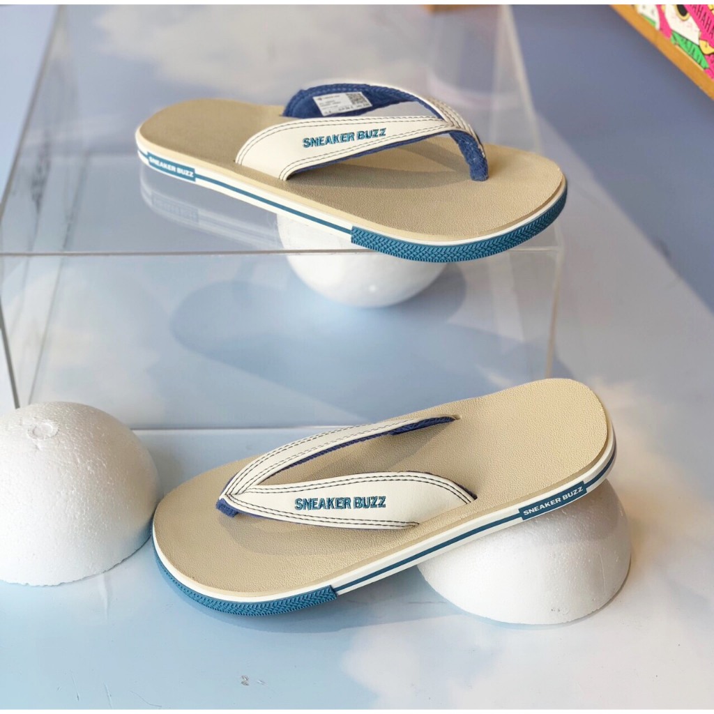 Dép Sneaker Buzz xỏ ngón màu kem viền xanh quai trắng chính hãng 1SBS044
