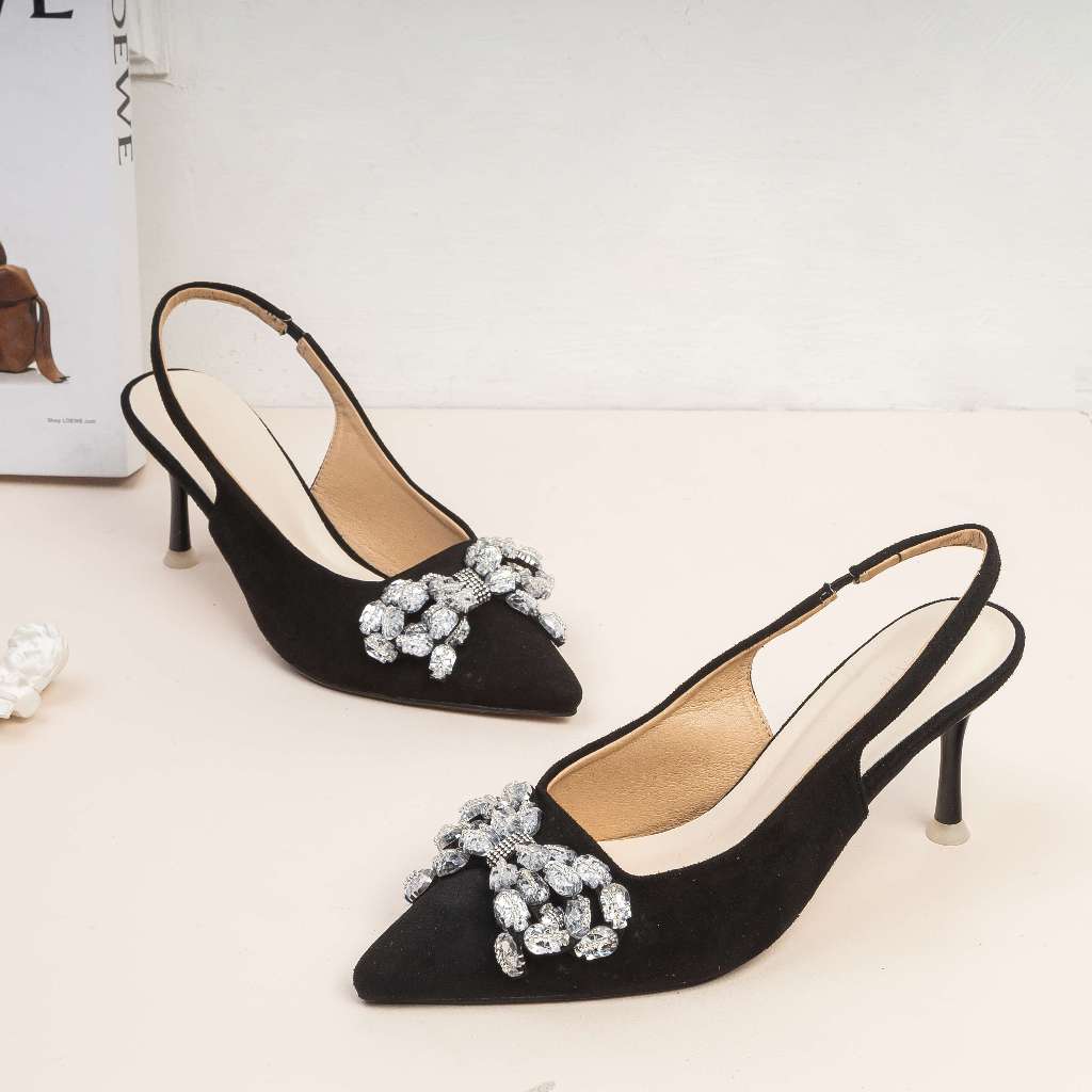 Giày Cao Gót 7cm Sling Back Phối Nơ Đính Đá E246 Pixie