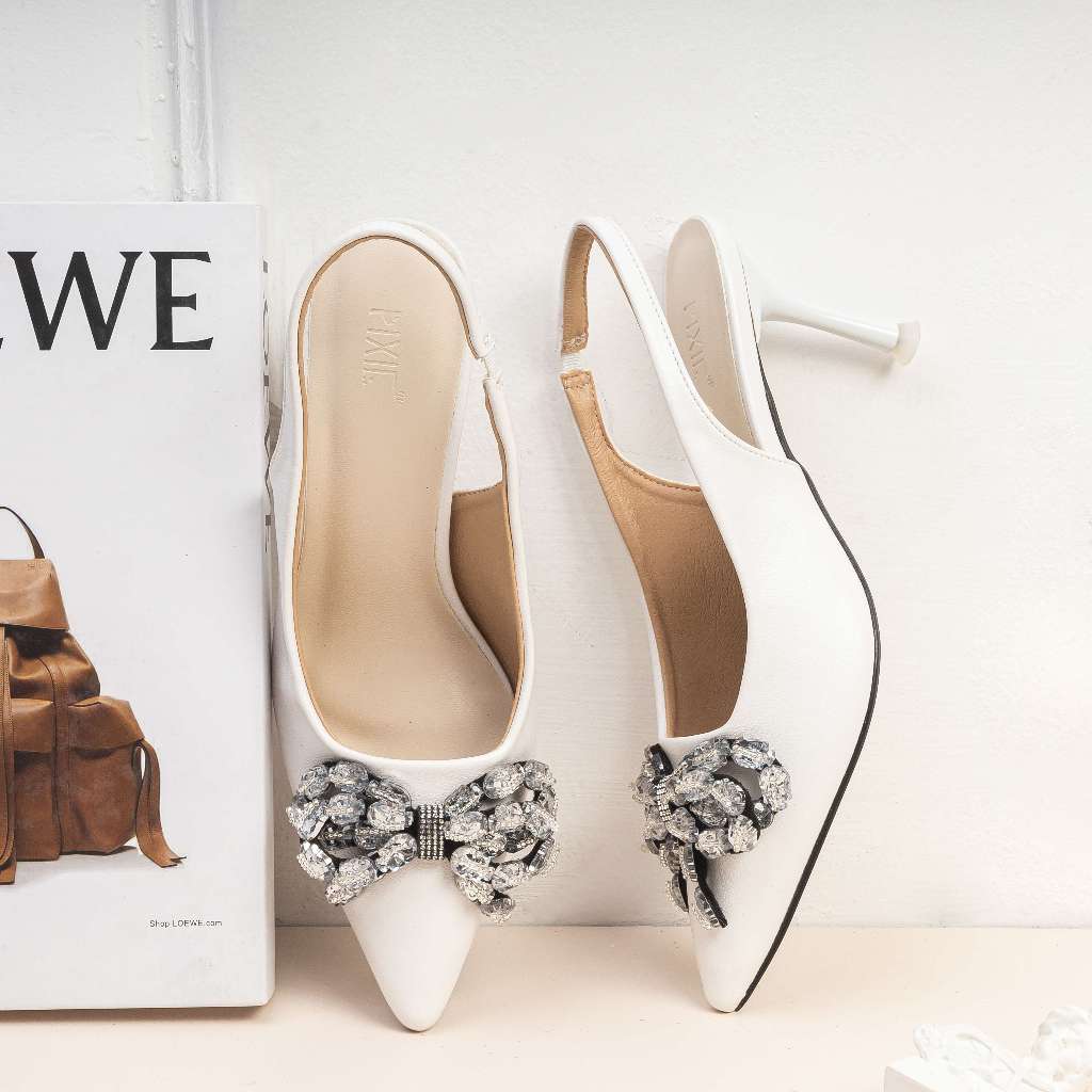 Giày Cao Gót 7cm Sling Back Phối Nơ Đính Đá E246 Pixie