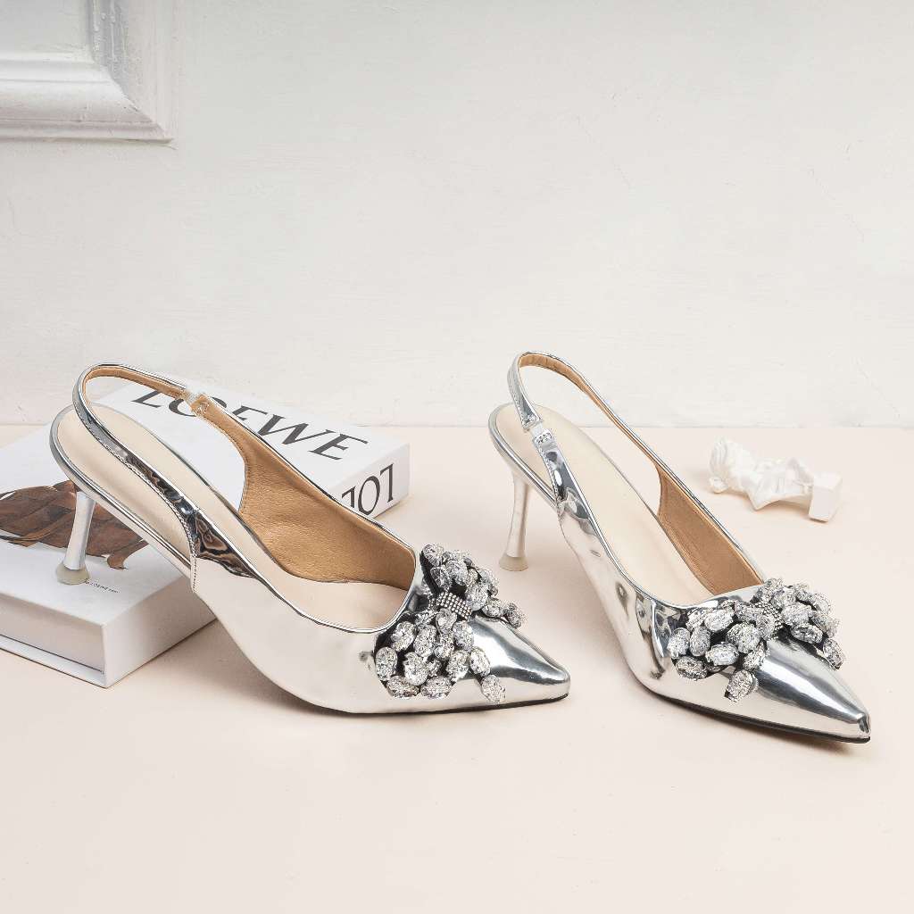Giày Cao Gót 7cm Sling Back Phối Nơ Đính Đá E246 Pixie