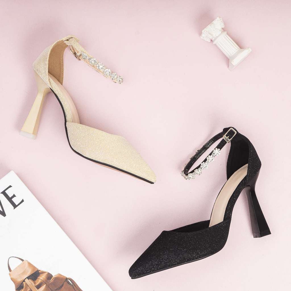 Giày Cao Gót 7cm Bít Gót Quai Hậu Phối Đá E248 Pixie