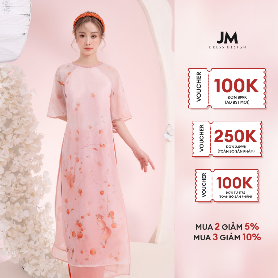 Áo dài thiết kế JM Dress Design suông cổ tròn tay răc lăng 2M22.2312OG