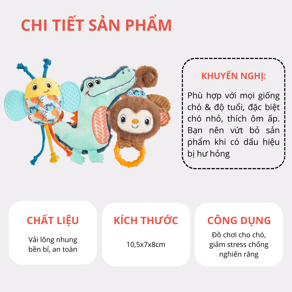 Đồ chơi cho chó FOFOS, Đồ chơi nhai gặm hình cá sấu, Tiếng kêu vui nhộn, Giúp làm sạch răng nướu chó, Vải nhung mềm mại