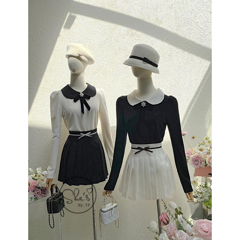 Set len gạo hàn có độn vai. Tang nơ đá nhung cài đẹp . Chân váy dạ xếp ly