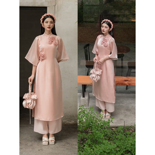 LEY073 Áo dài thiết kế cách tân đính hoa kèm quần lụa LeyLa