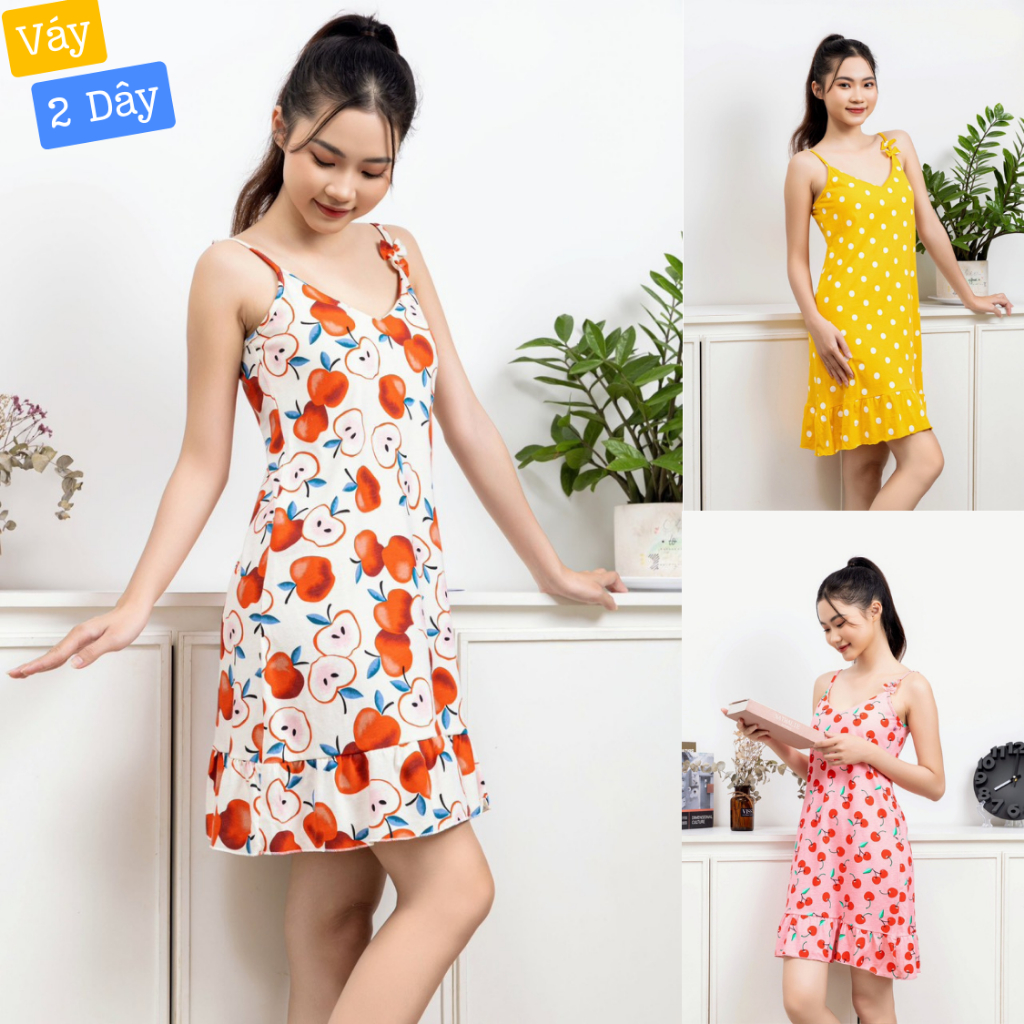 Váy Ngủ Hai Dây, Đầm Ngủ Đẹp Thun Cotton 100% Có Miếng Lót Ngực, Dây Tăng Giảm Được Mặc Nhà Hay Đi Chơi