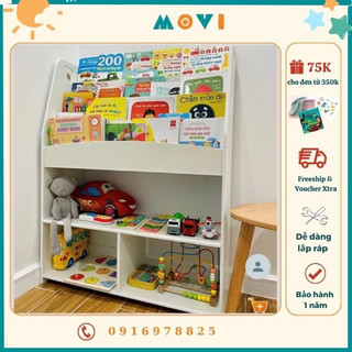 Kệ sách cho bé, kệ đồ chơi, giá sách gỗ 3 tầng, giá sách kết hợp kệ đồ chơi Montessori cho bé KS02