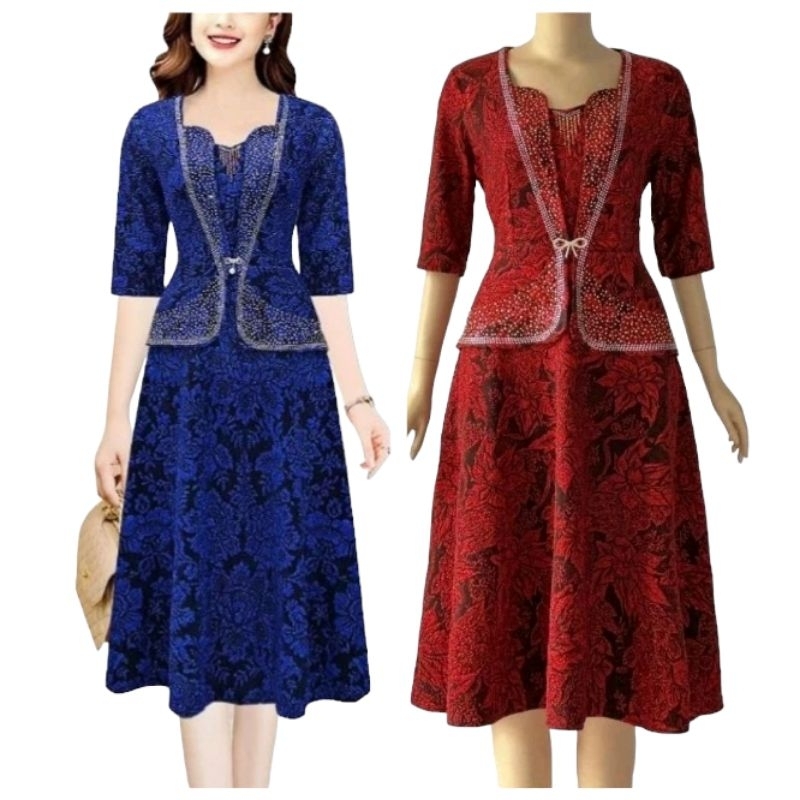 Đầm dự tiệc trung niên dáng vest xòe ngắn sang trọng cho mẹ vải kim tuyến nhũ kim sa co giãn, Đầm trung niên dự tiệc nhũ