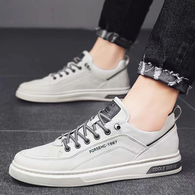 Giày thể thao nam sneaker da pu Porsecc Trắng Dây Xám