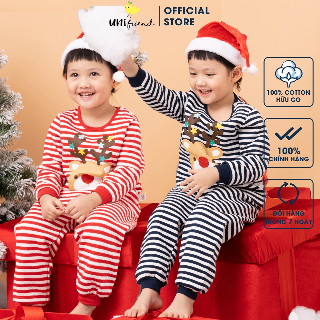 Đồ bộ ngủ tay dài trần bông giáng sinh noel 3 lớp dày mùa thu đông cho bé trai, bé gái Unifriend U2023-51