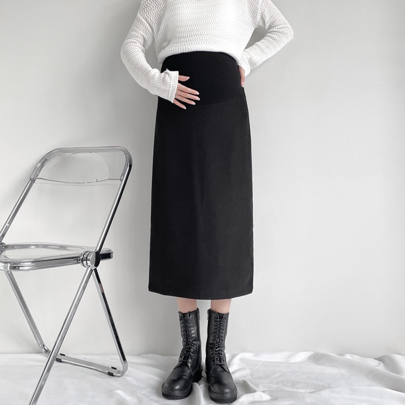 Chân váy dài xẻ sau suông chữ A umi hàn co giãn cho mẹ bầu công sở