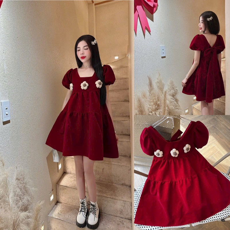 ĐẦM BBD GẤM XỐP CỔ VUÔNG TAY BỒNG ✨