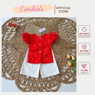 Áo dài bà ba cách tân tay bồng gấm đỏ kèm quần cho bé từ 5kg đến 30kg, set mặc đón trung thu, tết