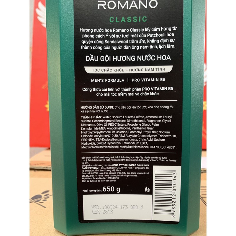 Dầu gội hương nước hoa Romano 650g (xanh lá)