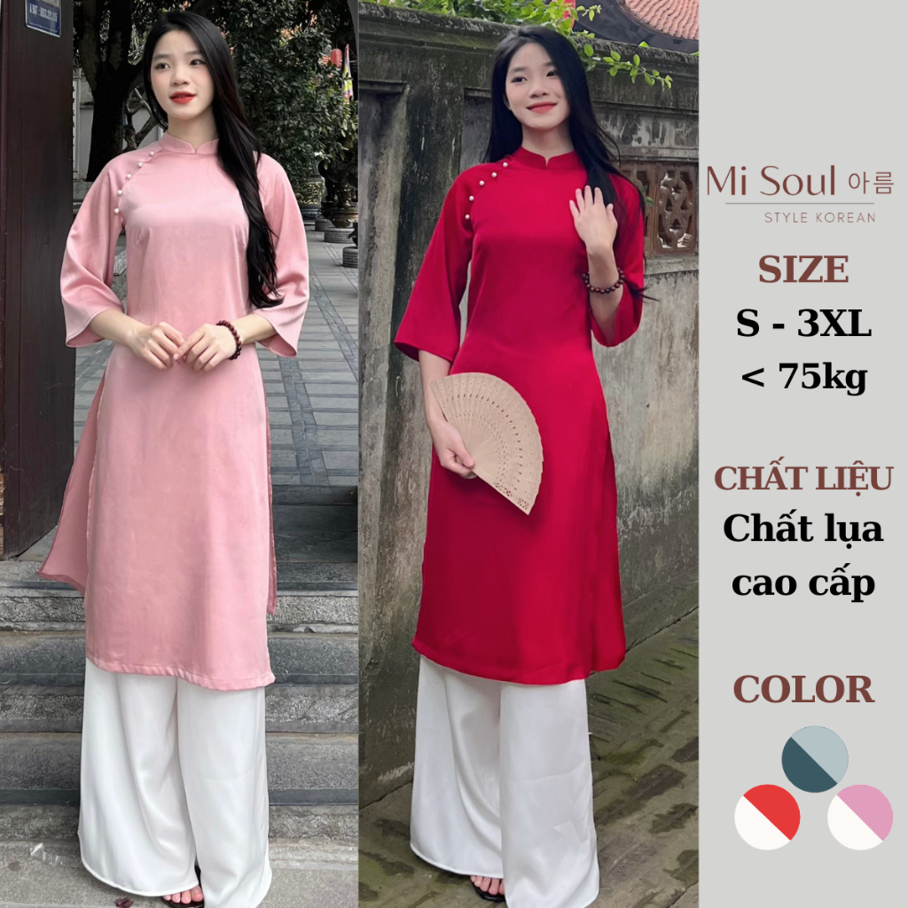 Áo Dài Cách Tân Lụa Trơn Đính Cúc Ngọc Kèm Quần Phối Màu BigSize MiSoul, Áo Dài Nữ Cách Tân 240