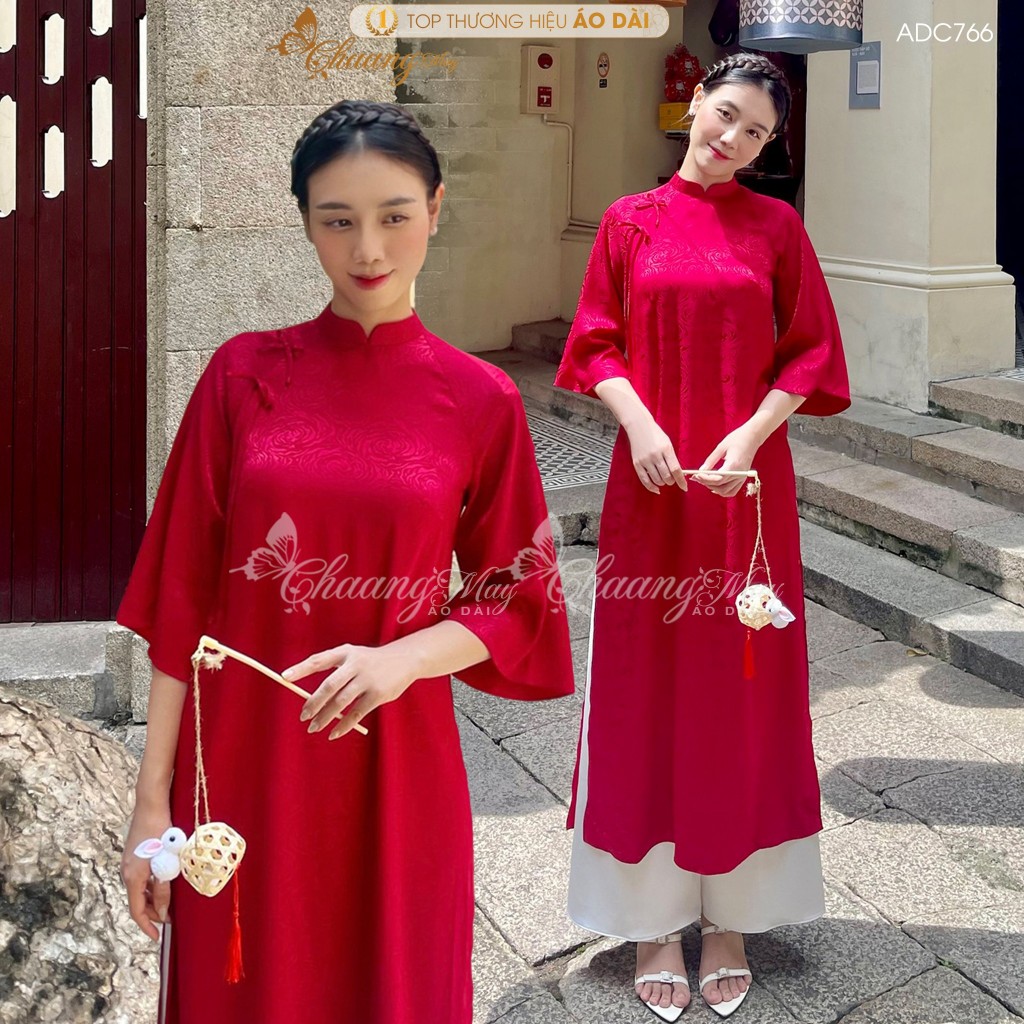 Áo dài cách tân nữ Gấm Đỏ Trung Dáng Suông Xưa đính nơ Chaang may sẵn áo