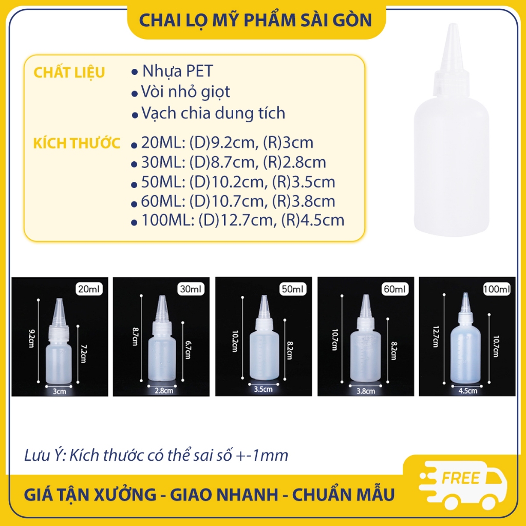 Chai nhựa PET chiết mỹ phẩm, mực xăm, 20ml/ 30ml/ 50ml/ 60ml/ 80ml/ 100ml, chai nhỏ giọt có vạch - BuyOne - BOPE21