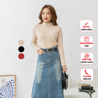 Áo len nữ FIONA lót lông dáng ôm áo len giữ nhiệt dài tay cao cổ dệt kẻ chìm trẻ trung F852726