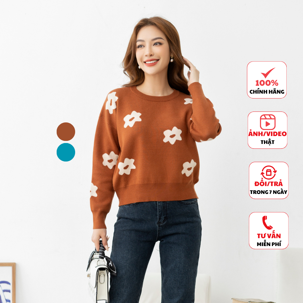 Áo len nữ FIONA bo gấu áo len cổ tròn dệt họa tiết bông hoa trẻ trung phù hợp đi làm đi chơi F852728
