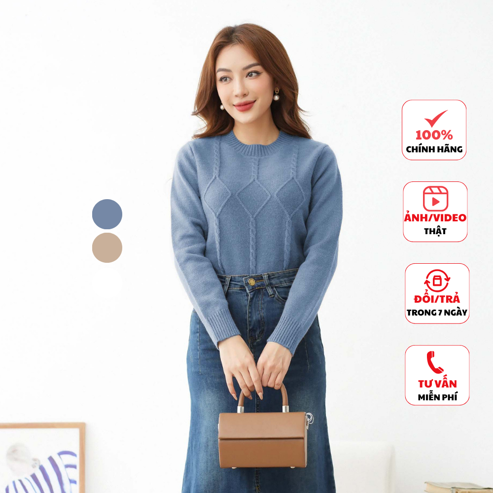 Áo len nữ FIONA bo gấu áo len cổ tròn dài tay dệt vặn thừng mềm mịn trẻ trung phong cách Hàn Quốc F852746